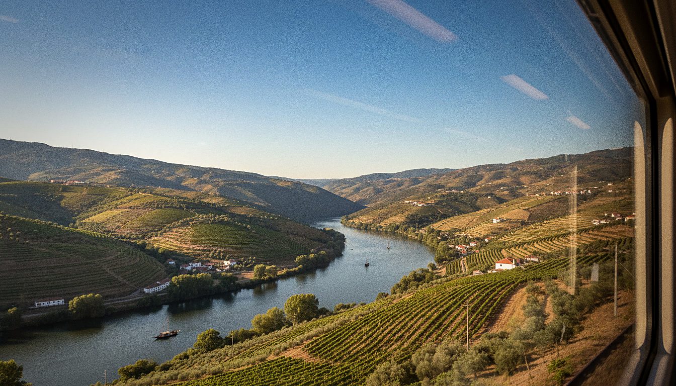 Vue sur la vallée du Douro depuis le train peu après le départ de Porto